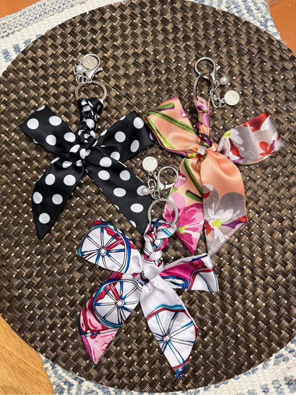 Multi Unbranded Silk-Effect Polka Dot and Floral Scarf Keychains – Set of 3